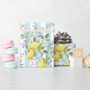 Papel De Presente Floral de Limão Italiano com Listras Mediterrâneo 