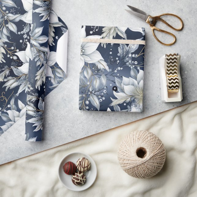 Papel De Presente Floral de Natal Azul (Artesanato)