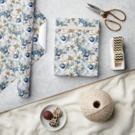 Papel De Presente Floral de Natal Azul Elegante