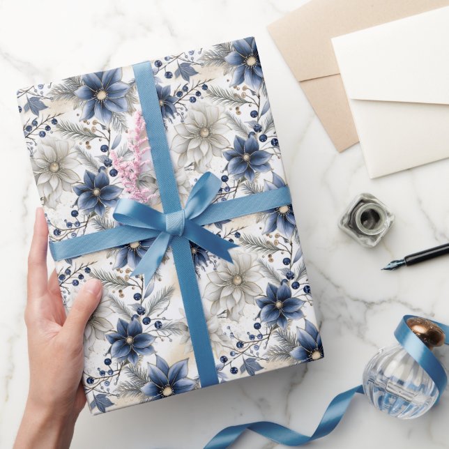 Papel De Presente Floral de Natal Azul Elegante (Presentear)