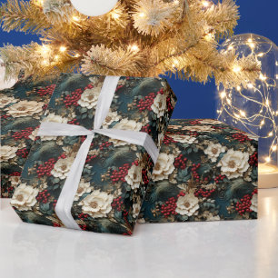 Papel De Presente Floral de Natal com Flores Brancas e Verde