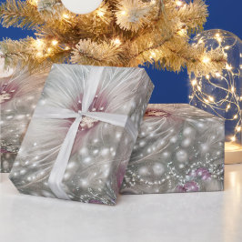 Papel De Presente Floral de Natal de Prata Elegante e Beada Vermelha