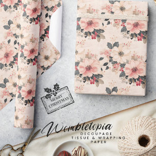 Papel De Presente Floral de Natal Elegante e Berries Pastel Rosa