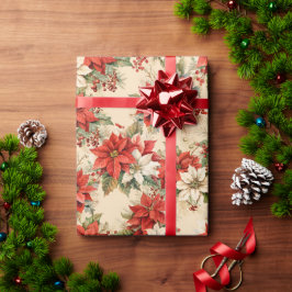 Papel De Presente Floral de Natal - Grande Poinsettias Cream