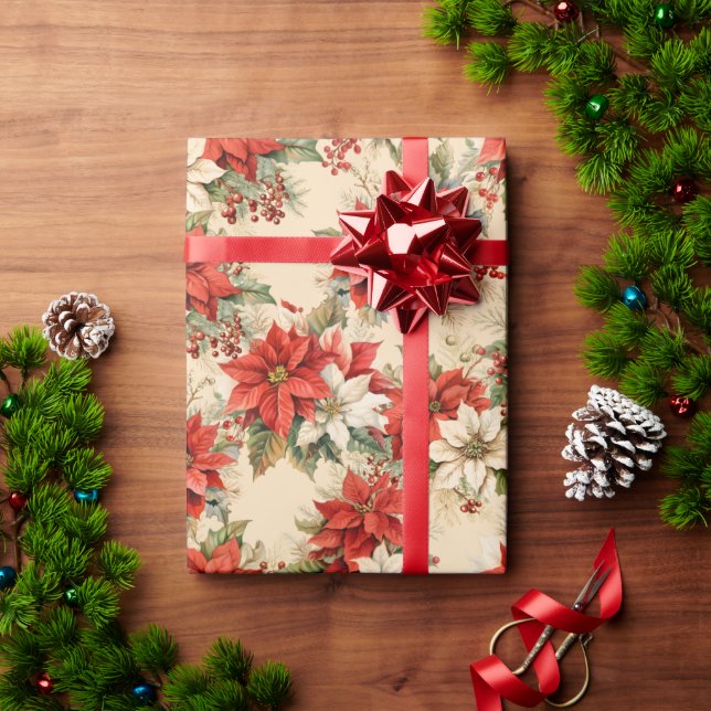 Papel De Presente Floral de Natal - Grande Poinsettias Cream (Presente de Natal)
