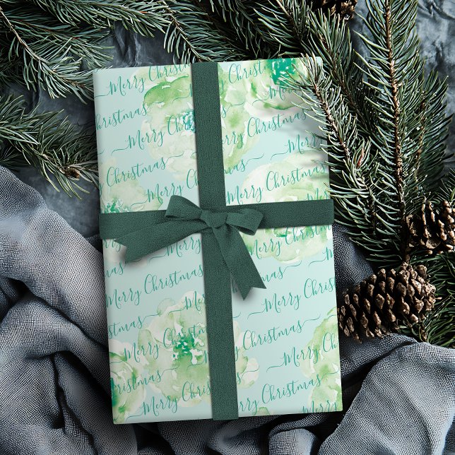 Papel De Presente Floral de Natal Merry Personalizado Verde (Green Personalized Merry Christmas Script Floral Wrapping Paper)