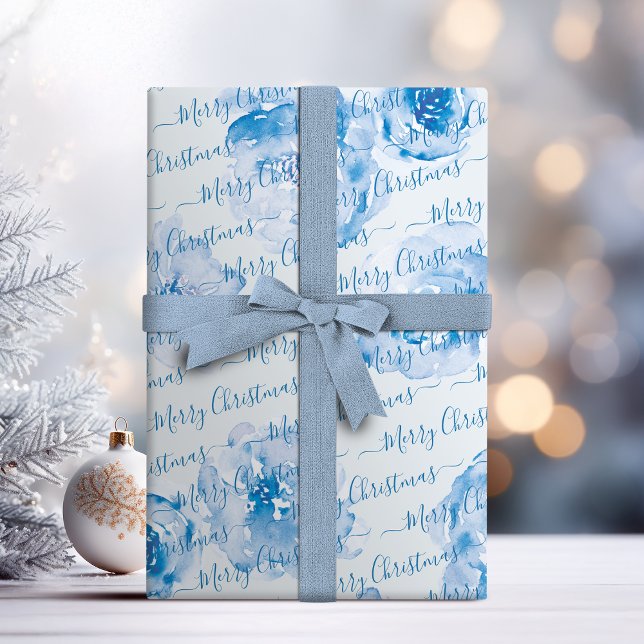 Papel De Presente Floral de Natal Personalizado Azul (Blue Personalized Merry Christmas Script Floral Wrapping Paper)