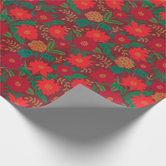 Papel De Presente Floral de Natal Poinsettia Vermelha Dourada (Ponta)