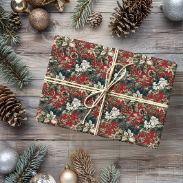Papel De Presente Floral de Natal Tradicional Vermelho e Pinecone