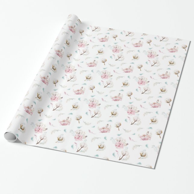 Papel De Presente Floral Delicado & Algodão (Desenrolado)