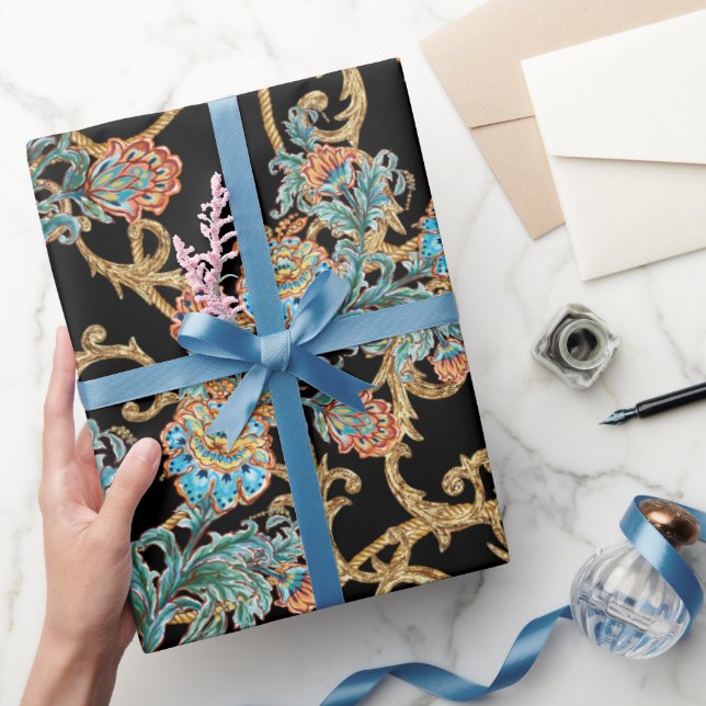 Papel De Presente Floral Dourado Barroco Elegante (Presentear)
