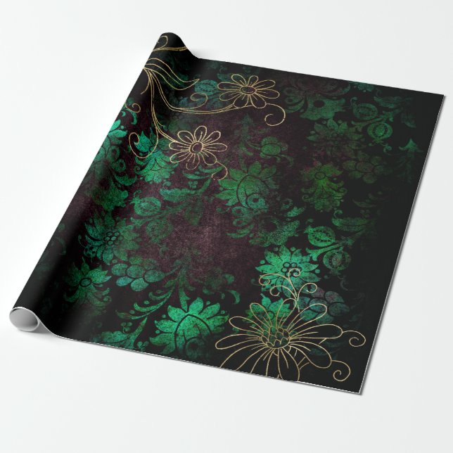 Papel De Presente Floral Dourado e Verde (Desenrolado)