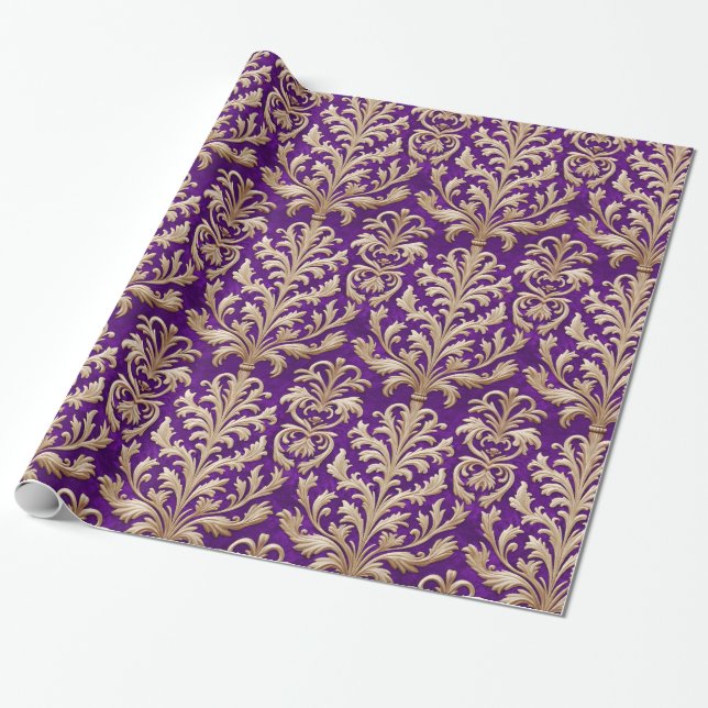 Papel De Presente Floral Dourado pálido Damasco Real Velvet Roxo (Desenrolado)
