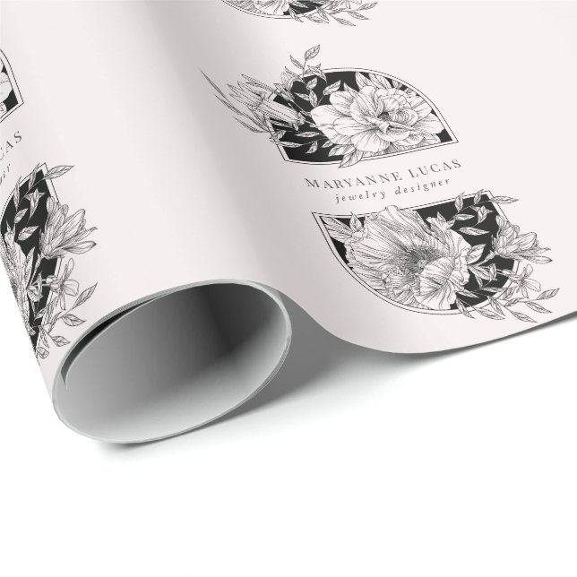 Papel De Presente Floral Elegante Preto e Branco (Ponta do rolo)