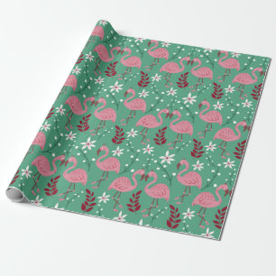 Papel De Presente Floral flamingo sem costura, padrão rosa verde