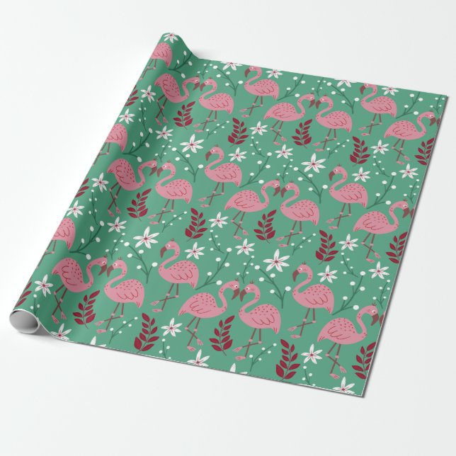 Papel De Presente Floral flamingo sem costura, padrão rosa verde (Desenrolado)