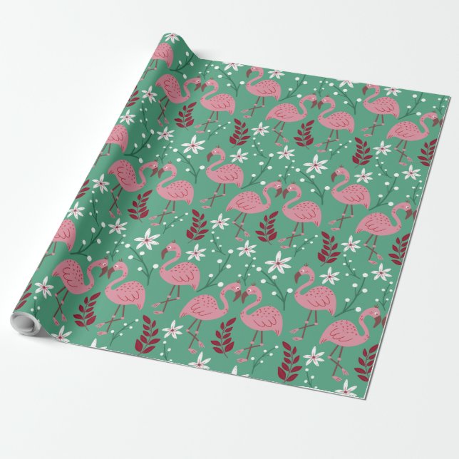 Papel De Presente Floral flamingo sem costura, padrão rosa verde (Desenrolado)