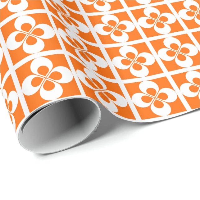 Papel De Presente Floral Geométrico Branco em Laranja (Ponta do rolo)