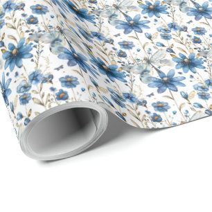 Papel de Presente Floral Libélula Azul e Flores