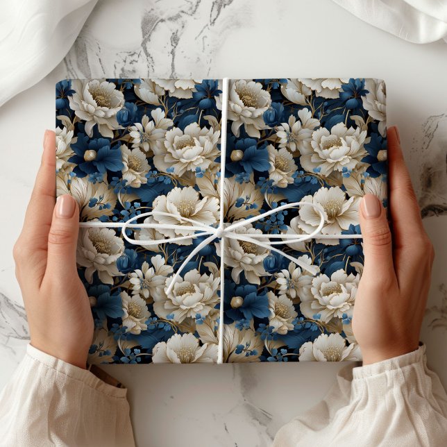 Papel de Presente Floral Luxuoso Azul Branco Marfi (Opulent Blue White Ivory Floral Gift Wrapping Paper)