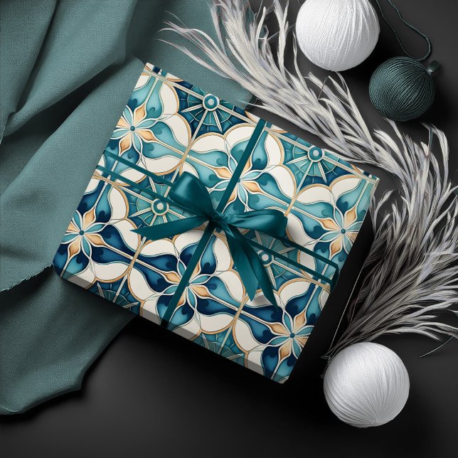 Papel De Presente Floral Marroquino - Padrão de Azulejo nº 1 Teal Wh (Criador carregado)