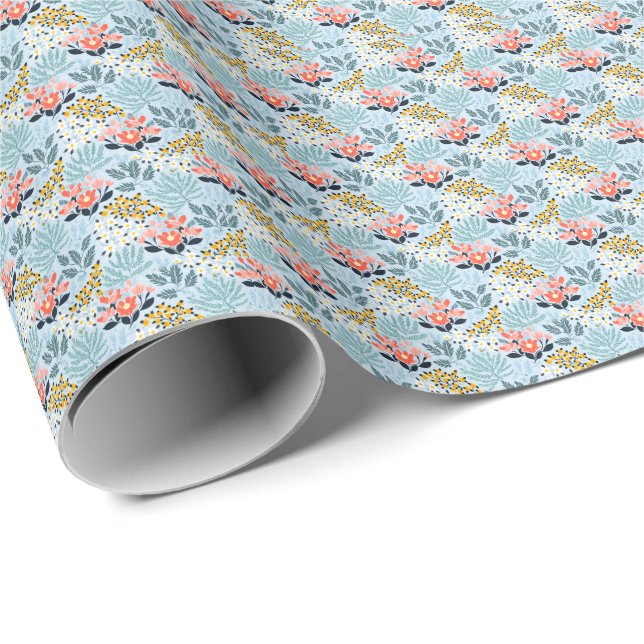 Papel De Presente Floral Moderno em Azul (Ponta do rolo)