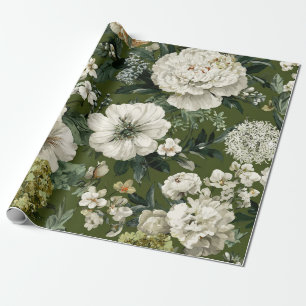 Papel De Presente Floral Ousado Vintage Botânico Branco Verde Rústic