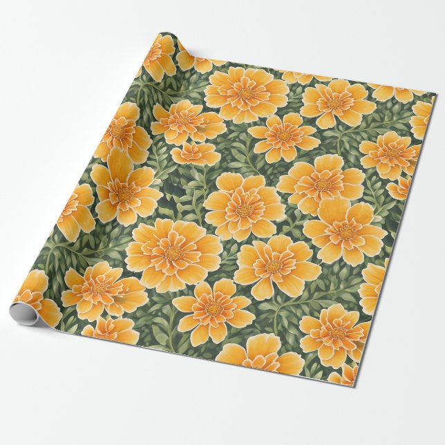 Papel De Presente Floral Padrão Marigold Flores (Desenrolado)
