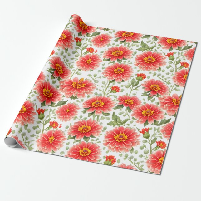 Papel De Presente Floral Padrão Zinnia Flores (Desenrolado)