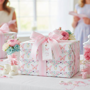 Papel De Presente Floral pastel e borboleta