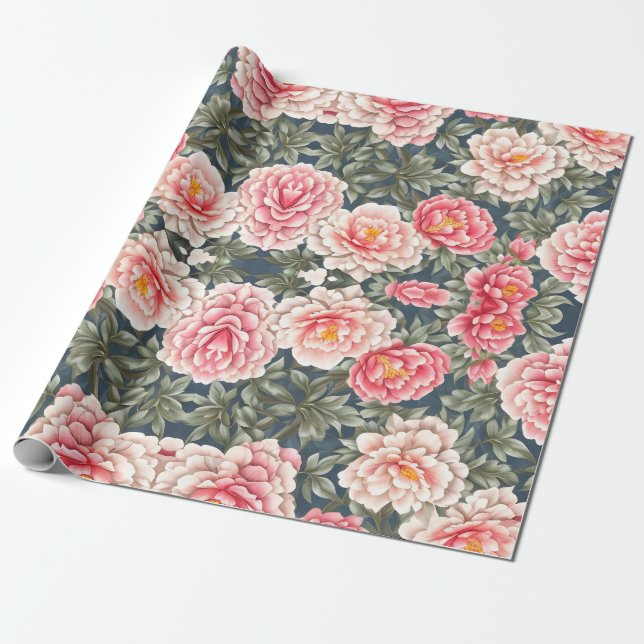 Papel De Presente Floral Pattern Peony Flowers (Desenrolado)