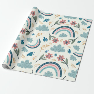 Papel De Presente Floral pattern with rainbow and cloud shapes 