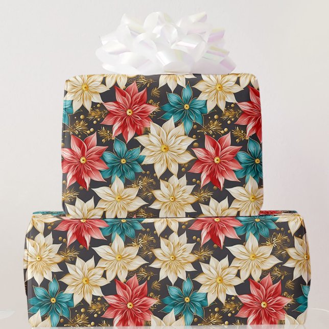 Papel De Presente Floral Poinsettia Designer de Natal Turquesa Verme (Criador carregado)