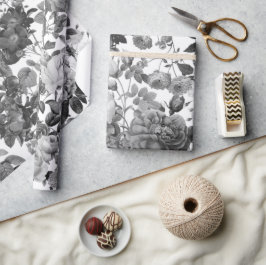 Papel De Presente Floral Preto-Branco