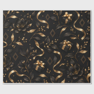 Papel de Presente Floral Preto e Dourado de Luxo –