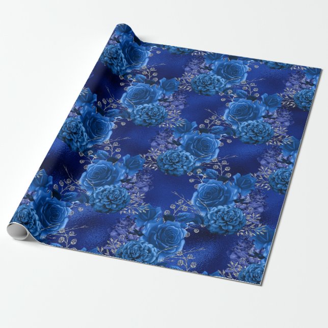 Papel De Presente Floral Real Azul e Prata (Desenrolado)