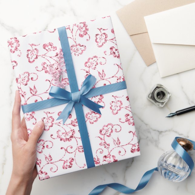 Papel De Presente Floral Românico Rosa-Rosa (Presentear)