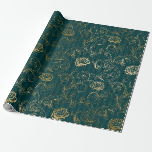 Papel De Presente Floral Rosa Azul Turquesa e Dourado Vintage