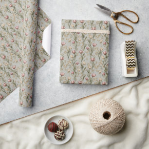 Papel De Presente Floral Rosa Cinza Vintage