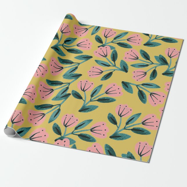 Papel De Presente Floral rosa e Dourada (Desenrolado)