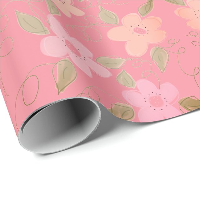 Papel De Presente Floral Rosa E Pêssego (Ponta do rolo)