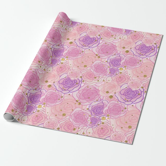Papel De Presente Floral Rosa Glitter Cinza Rosa Girassol (Desenrolado)