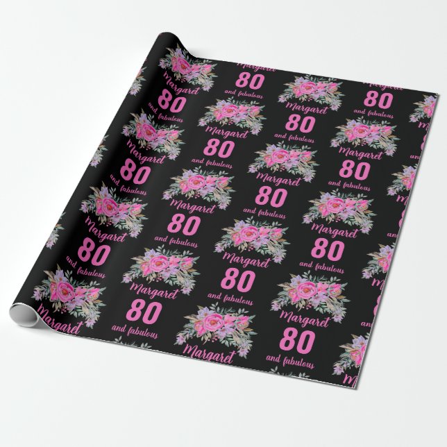 Papel De Presente floral rosa preto-80 de-aniversário (Desenrolado)