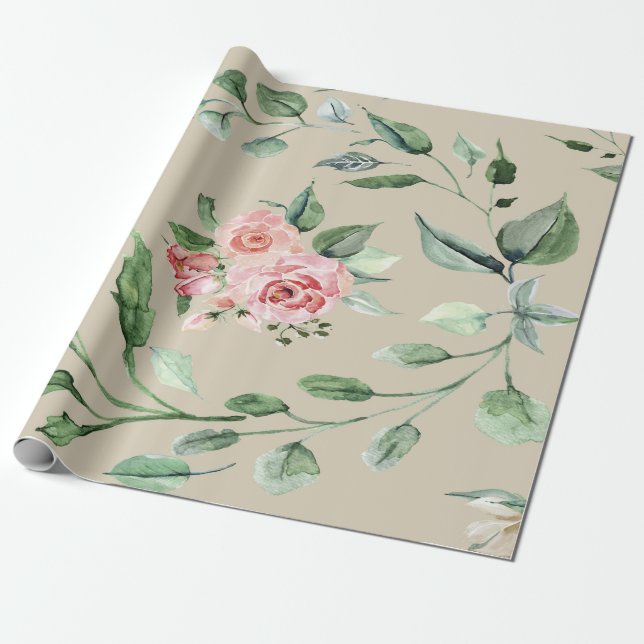 Papel De Presente Floral Rosa & Verde (Desenrolado)