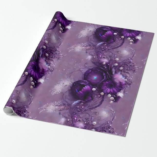 Papel De Presente Floral Roxo Elegante, Silva e Pérola (Desenrolado)