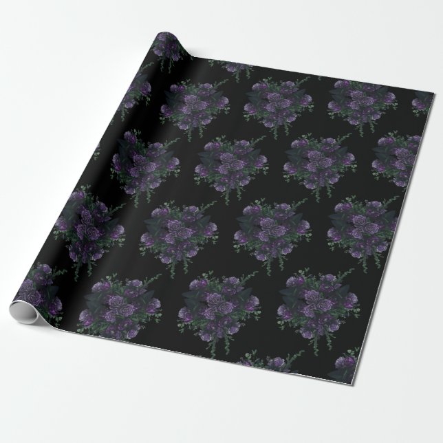 Papel De Presente Floral Roxo em Gótico Casado Negro (Desenrolado)