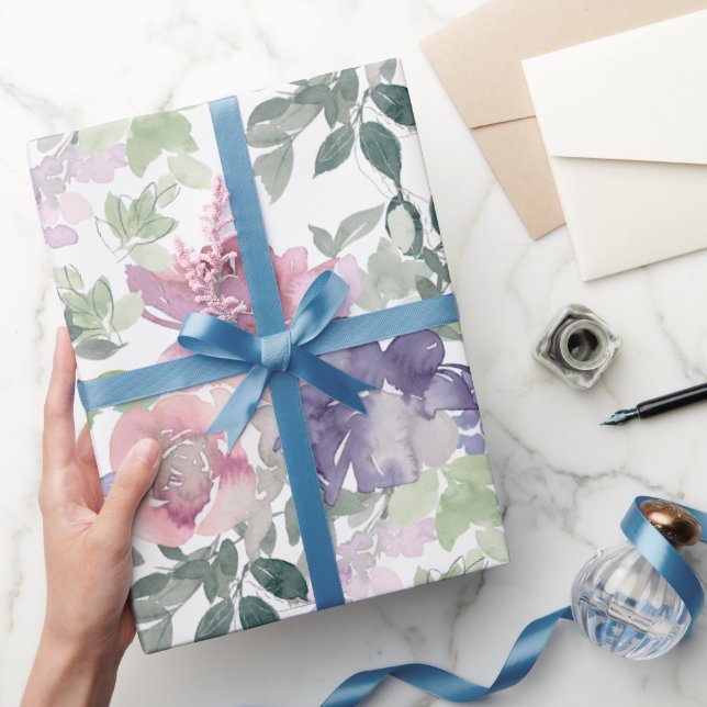 Papel De Presente Floral Roxo Rosa Fundo Branco (Presentear)