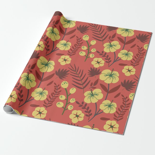 Papel De Presente Floral sem costura, flores amarelas e vermelhas (Desenrolado)