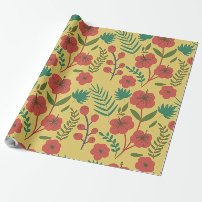 Papel De Presente Floral, sem costura, flores amarelas vermelhas (Desenrolado)