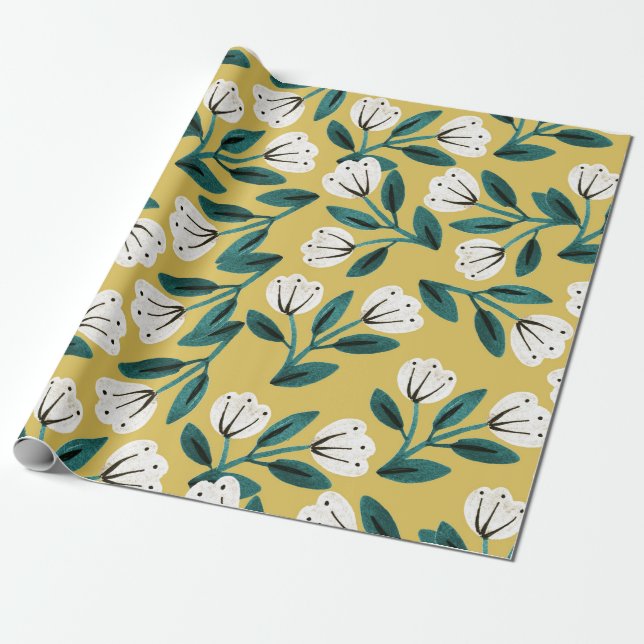 Papel De Presente Floral Teal e Dourado (Desenrolado)